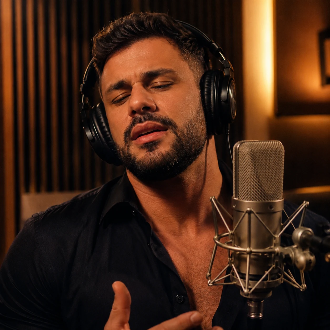 Rafael interpretando uma canção sob a luz quente do estúdio